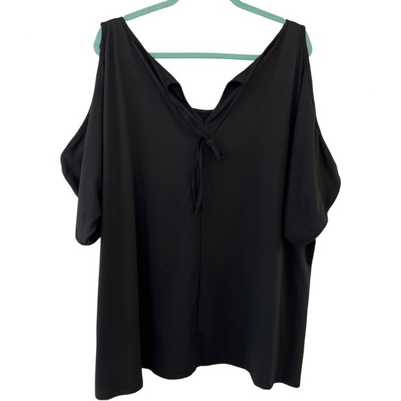 Women’s Plus Size Black Round Neck Cold Open Shoulder Short Sleeve T-Shirt Top - Picture 6 of 11
